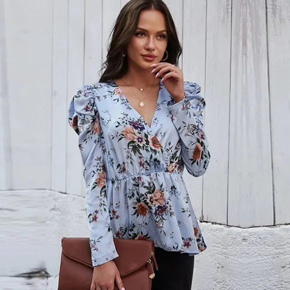 Fashion Princesse Fleurie Blouse Fleurie Bleu en Crêpe