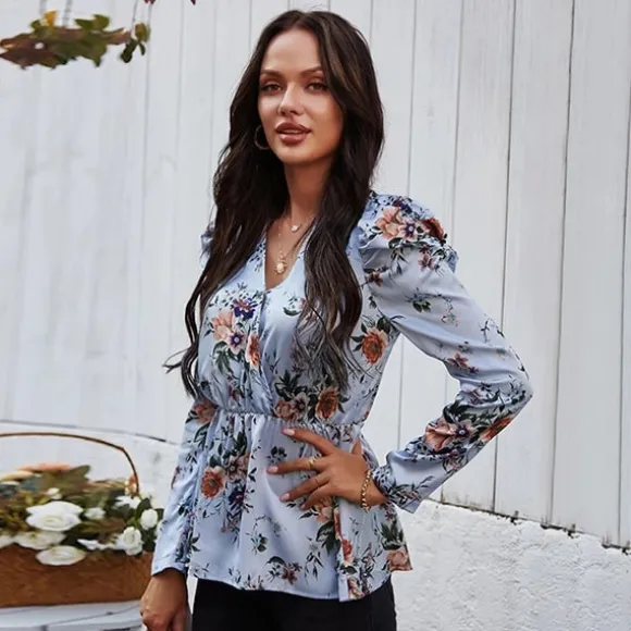 Fashion Princesse Fleurie Blouse Fleurie Bleu en Crêpe