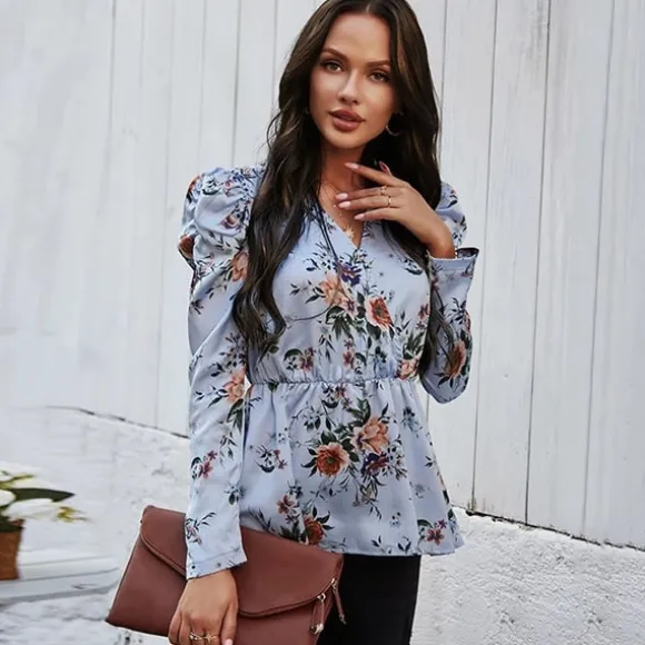 Fashion Princesse Fleurie Blouse Fleurie Bleu en Crêpe