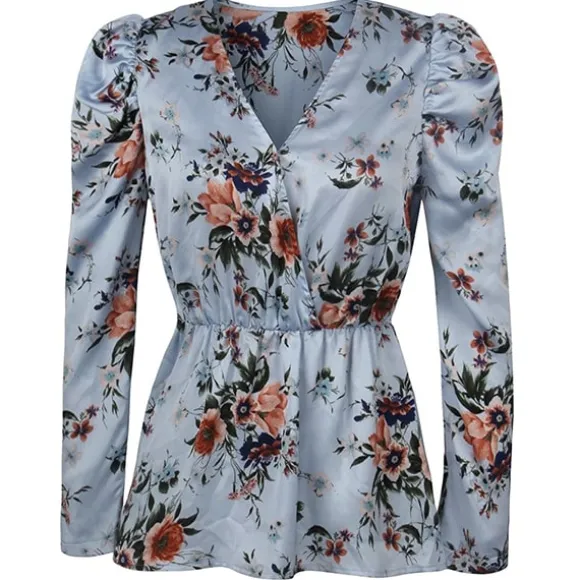 Fashion Princesse Fleurie Blouse Fleurie Bleu en Crêpe