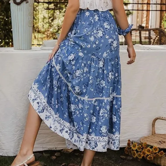 Cheap Princesse Fleurie Jupe Longue Fleurie Bleu