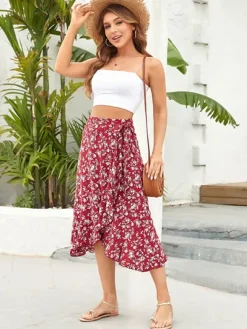 Online Princesse Fleurie Jupe Midi Fleurie Rouge