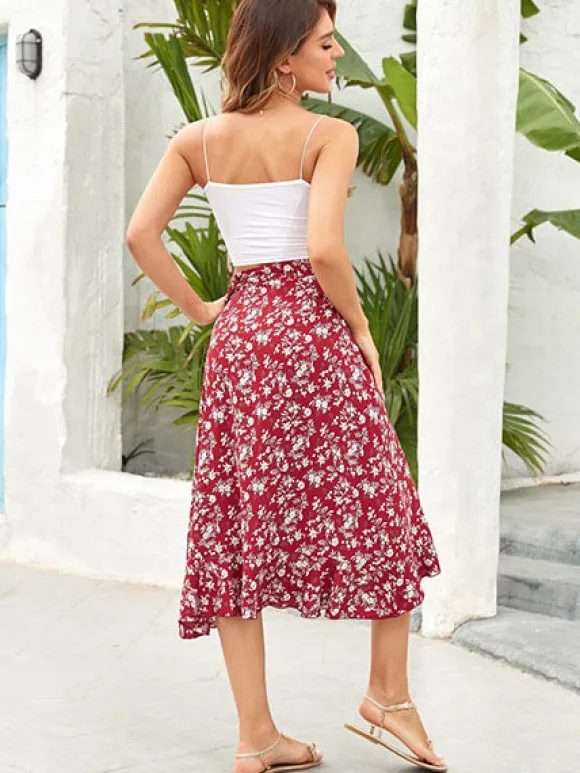 Online Princesse Fleurie Jupe Midi Fleurie Rouge
