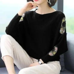 Outlet Princesse Fleurie Pull Noir Brodé Fleurs