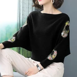Outlet Princesse Fleurie Pull Noir Brodé Fleurs