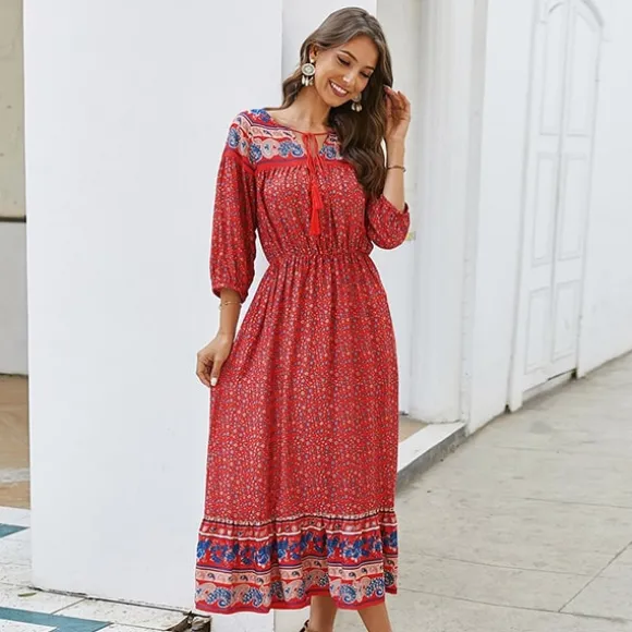 Clearance Princesse Fleurie Robe Bohème Fleurie Longue Rouge