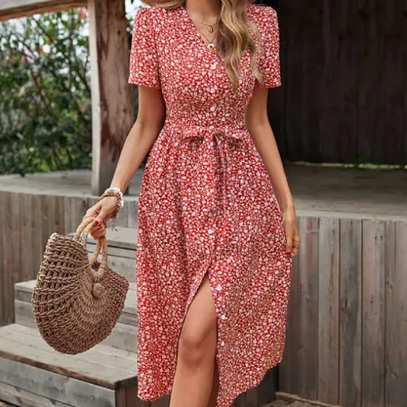 Clearance Princesse Fleurie Robe Fleurie Rouge Boutonnée