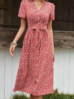 Clearance Princesse Fleurie Robe Fleurie Rouge Boutonnée