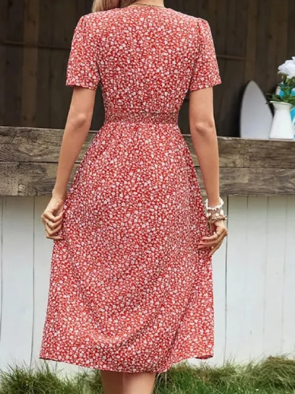 Clearance Princesse Fleurie Robe Fleurie Rouge Boutonnée