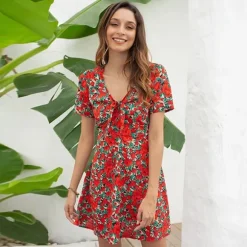 Flash Sale Princesse Fleurie Robe Fleurie Rouge Col V