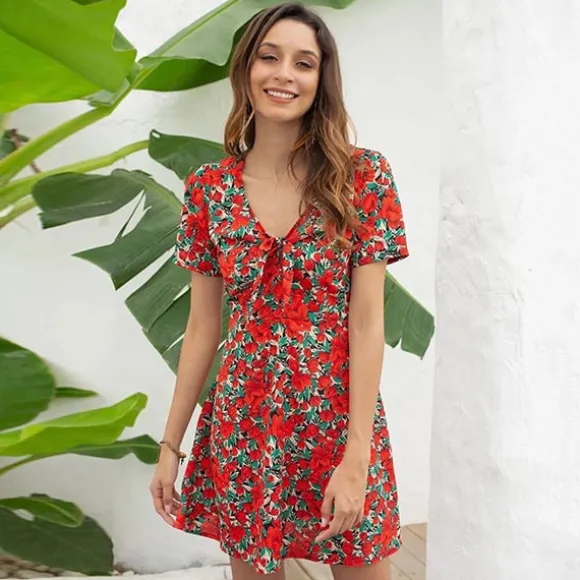 Flash Sale Princesse Fleurie Robe Fleurie Rouge Col V