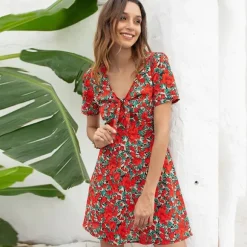 Flash Sale Princesse Fleurie Robe Fleurie Rouge Col V