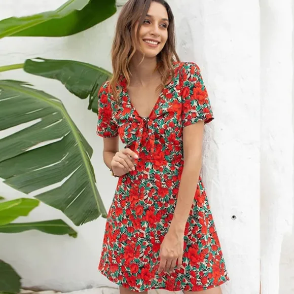 Flash Sale Princesse Fleurie Robe Fleurie Rouge Col V