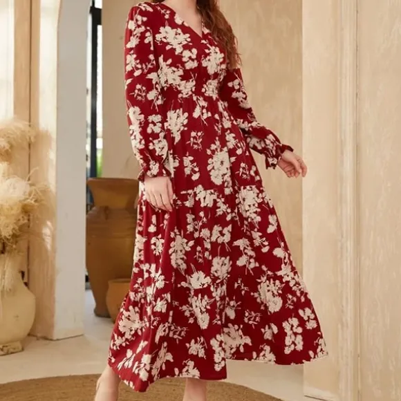 Discount Princesse Fleurie Robe Fleurie Rouge Manches Longues