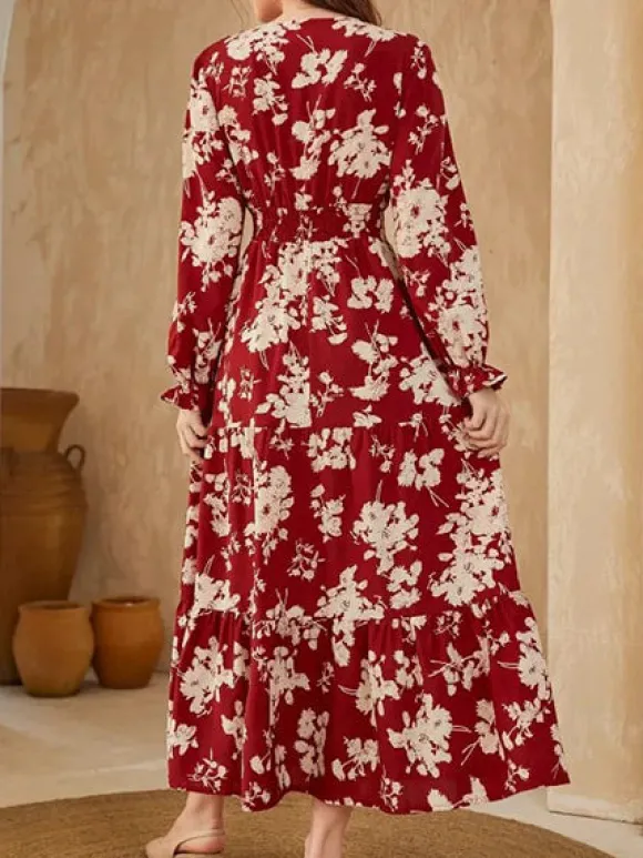 Discount Princesse Fleurie Robe Fleurie Rouge Manches Longues