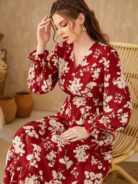 Discount Princesse Fleurie Robe Fleurie Rouge Manches Longues