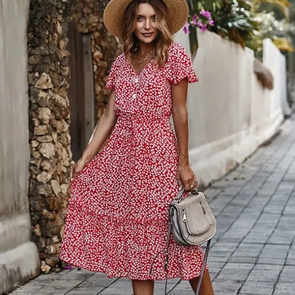 Store Princesse Fleurie Robe Fleurie Rouge Mi-Longue