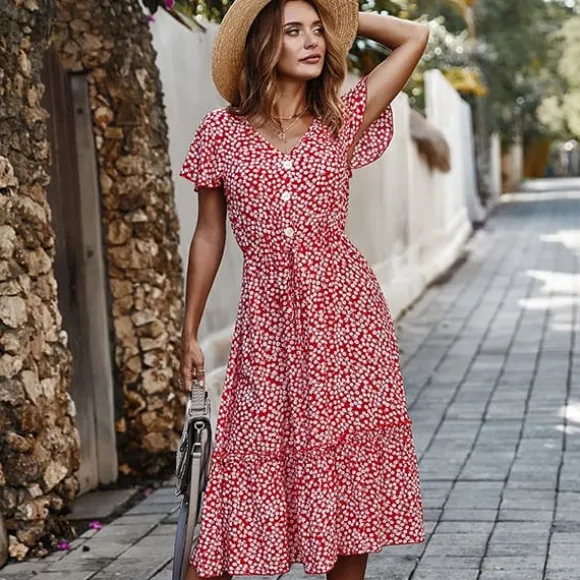 Store Princesse Fleurie Robe Fleurie Rouge Mi-Longue