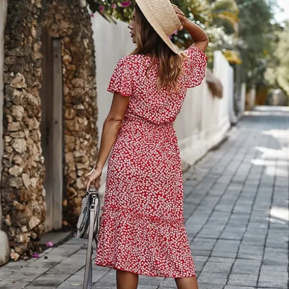 Store Princesse Fleurie Robe Fleurie Rouge Mi-Longue