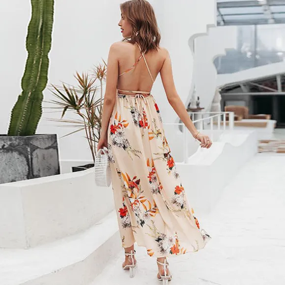 Clearance Princesse Fleurie Robe Longue Beige Fleurie