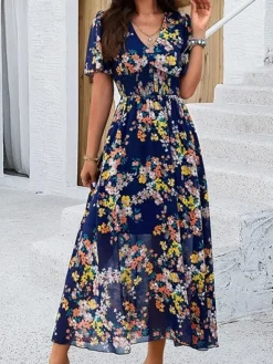 New Princesse Fleurie Robe Longue Bleu Marine Fleurie