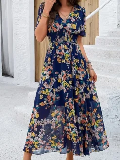New Princesse Fleurie Robe Longue Bleu Marine Fleurie