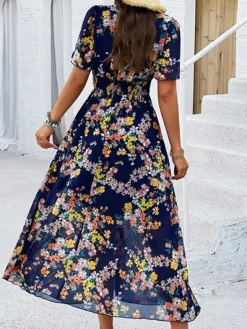New Princesse Fleurie Robe Longue Bleu Marine Fleurie