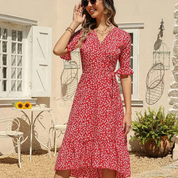 Outlet Princesse Fleurie Robe Portefeuille Rouge Fleurie
