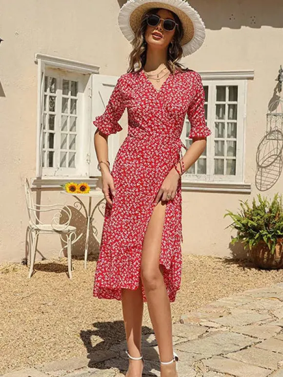 Outlet Princesse Fleurie Robe Portefeuille Rouge Fleurie