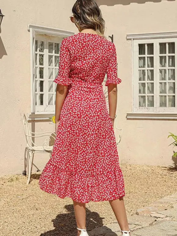 Outlet Princesse Fleurie Robe Portefeuille Rouge Fleurie
