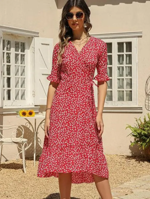Outlet Princesse Fleurie Robe Portefeuille Rouge Fleurie